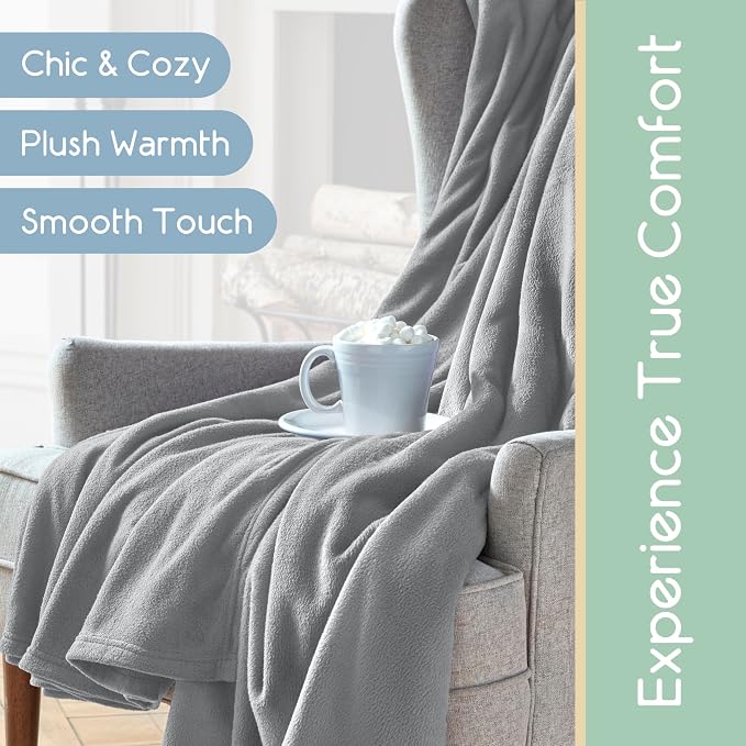Full/Queen Size Microfleece Blanket | Fleece Bed Blanket | All-Season Comfort | Supersoft Lightweight | Plush Throw Blanket for Bed Couch or Sofa | Pet-Friendly | Light Grey