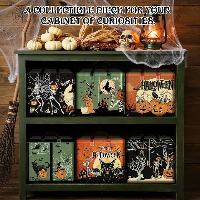 Bucherry 6 Pack Vintage Halloween Storage Basket Spooky Gifts Canvas Bins | Collapsible with Handles, Skull Bat Ghost Pumpkin Witch Designs, Gift Basket, Canvas Organizer for Home Office Closet Shelf