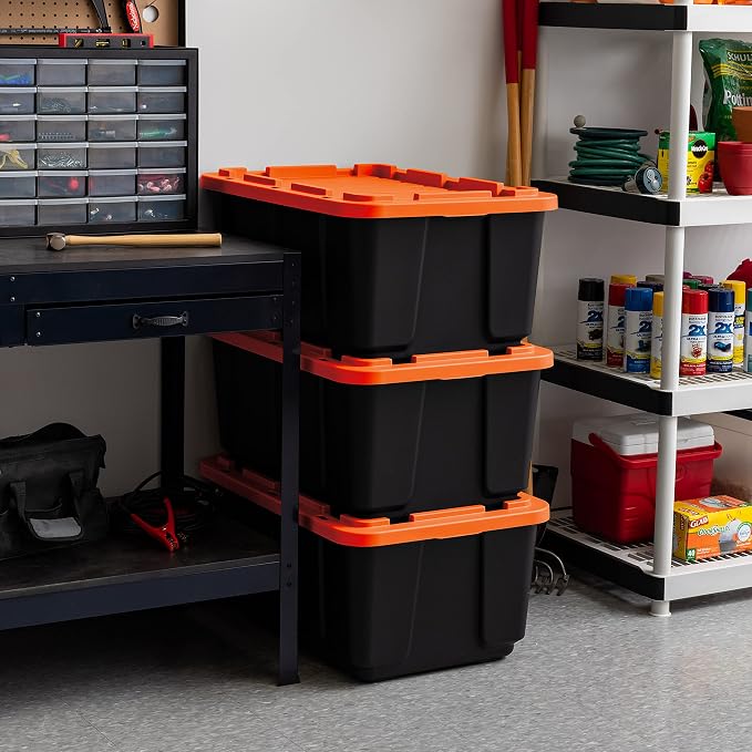 IRIS USA 3-Pack 27 Gal Heavy Duty Storage Tote Bins with Lids, Orange | Large-capacity design stores seasonal gear, moving supplies and equipment, Stackable shape supports efficient organization