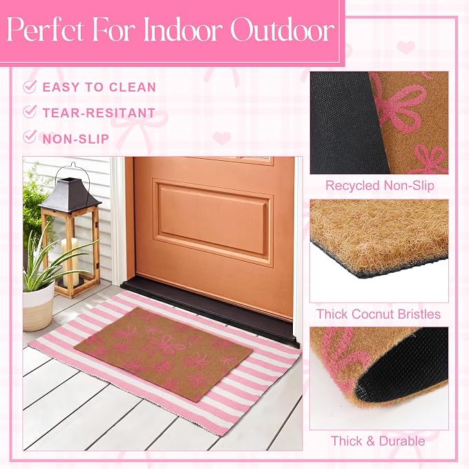 2 Pcs Outdoor Door Mat Combo Set Layered Outdoor Rug and Coir Welcome Doormat Non Slip Outside Floor Mat for Front Porch Entryway Patio Yard Decor(Light Pink Bow,24'' X 35'',24'' X 16'')