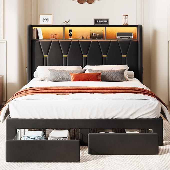 SHA CERLIN Full Velvet Platform Bed Frame with 2 Storage Drawers, LED Storage Headboard with Charging Station, Upholstered Wingback Headboard, Noise-Free, No Box Spring Needed, Easy Assembly, Black