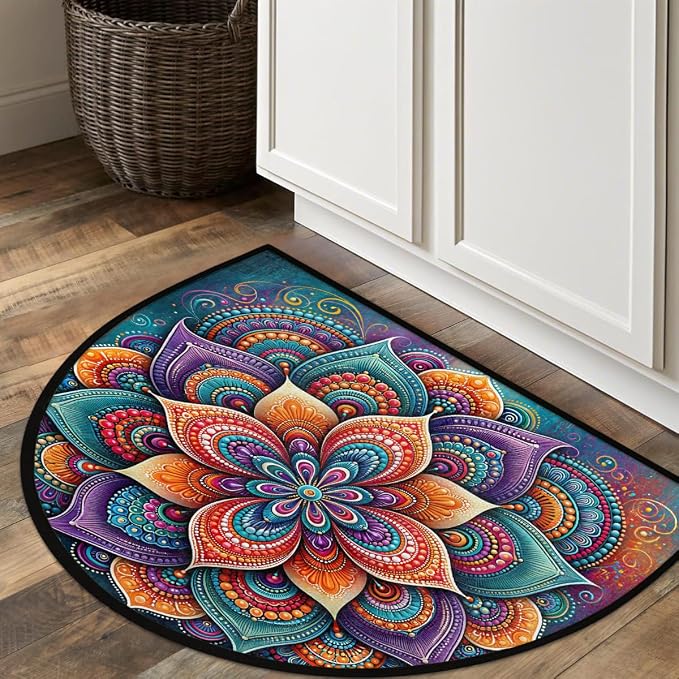 Lotu Half Round Door Mat Semi Moon Rug Fireplace Carpet Area Rugs | Abstract Mandala Non Slip Absorbent Half Circle Mat Carpet for Indoor Outdoor Patio Kitchen Bathroom Entryway Home Decor
