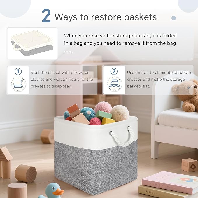 FinishingBo 11 inch Cube Storage Bin with Handles 6 Pack | Foldable Basket, Fabric Storage Bins, Closet Storage, Home Organizer (White/Grey)