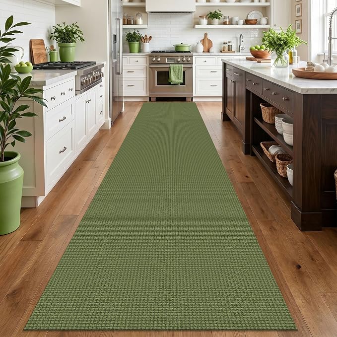 IOHOUZE Washable Exrea Long Hallway Runner Rug 3x16 Non Slip Rubber Backed Kitchen Runner Entryway Runner Indoor, Woven Rugs Floor Carpet for Kitchen Hall Entryway, Olive Green/Earthy Green
