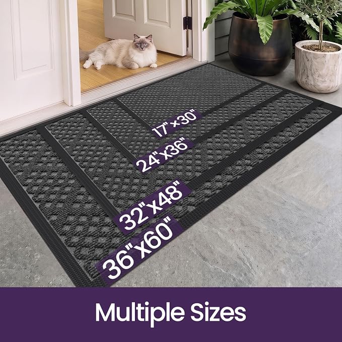 DEXI Front Door Mat Outside Entrance, 17x30 Heavy Duty Entry Doormat Dirt Trapper with Rubber Back, Non Slip Low Profile Floor Mats for Entryway Exterior Patio, Rhombic Grey