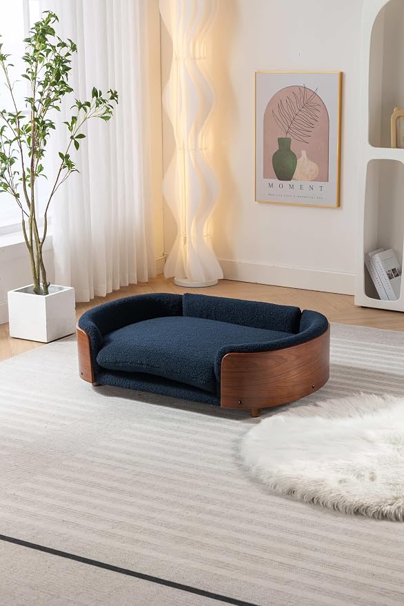 Scandinavian Style Elevated Dog Bed Pet Sofa with Solid Wood Legs and Bent Wood Back, Velvet Cushion, Large Size, Walnut Frame & Dark Blue Cushion