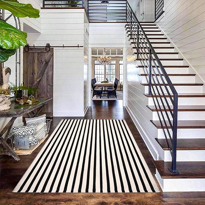 Black and White Striped Rugs, 4'x6' Area Rug Washable Indoor Outdoor Rug Cotton Hand-Woven Farmhouse Layered Double Door Mats for Front Porch, Patio, Entryway, Laundry Room, Bedroom