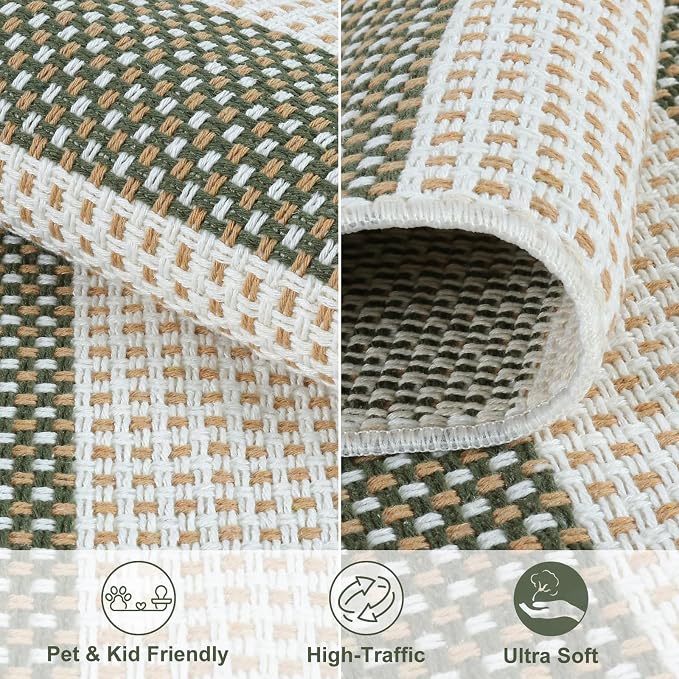 LEEVAN Striped Outdoor Rug 4x6, Washable Front Porch Rug, Spring Plaid Door Mats Outside Entrance, Green and White Entryway Floor Mat, Buffalo Woven Patio Layered Mat for Entrance/Deck/Camping