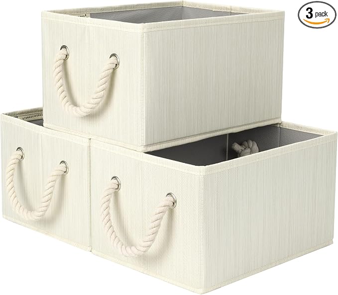 StorageWorks Fabric Storage Bins for Shelves, Storage Baskets for Closet Organization, Organizer Bins for Clothes Storage, Beige, White & Ivory, 3-Pack, Small
