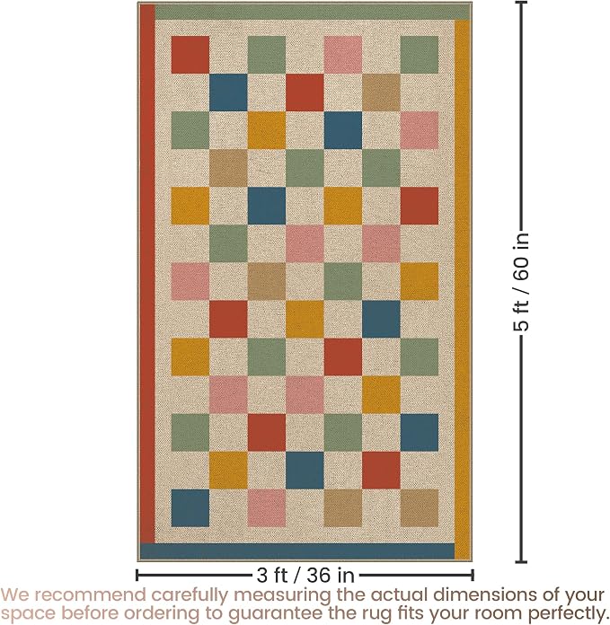 Washable Checkered Easy Jute Rug, 3x5 Colorful Checkerboard Geometric Outdoor Indoor Patio Small Rugs, Low Pile Lightweight Non Slip Neutral Carpet Door Mat for Bedroom Entryway Front Door Farmhouse