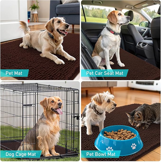 OLANLY Dog Door Mat for Muddy Paws 59x24, Absorbs Moisture and Dirt, Absorbent Non-Slip Washable Doormat, Quick Dry Chenille Mud Mat for Dogs, Entry Indoor Entryway Carpet for Inside Floor, Brown