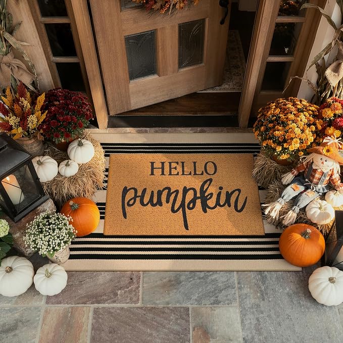 KIMODE Outdoor Rug Fall Decor 27.5"x43", Black and Khaki Striped Front Porch Rugs, Reversible Washable Front Door Mats, Hand Woven Welcome Layered Doormat Entryway Rug for Entrance Farmhouse