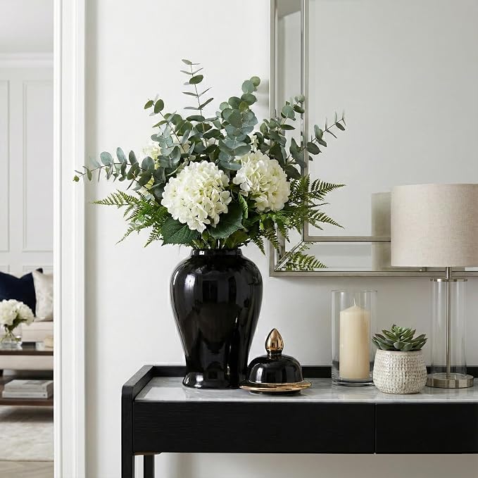 Ceramic Temple Jar with Lid for Living Room Decor - Contemporary Flower Vase for Bedroom, Home Styling, and Kitchen Counter - Sculpted House Accent for Office and Table Decor - 18", Black & Gold