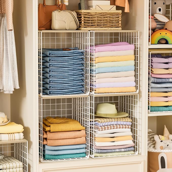 Hencawima 3-Pack Taller Stackable Closet Organizers and Storage with Wood Top,White | Wire Storage Bins for Clothes, Double Storage Design, Sturdy Metal Cube Shelf Organizer for Closet Wardrobe,White