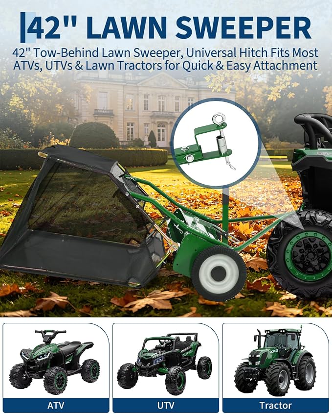Garvee Tow Behind Lawn Sweeper 42 Inch, Heavy Duty Leaf & Grass Collector | Yard Sweeper Pull Behind,14 cu.ft. Leaf Collector,Tool-Free Adjustable Brush Height,Dumping Rope for Yard,Driveway,Sidewalk