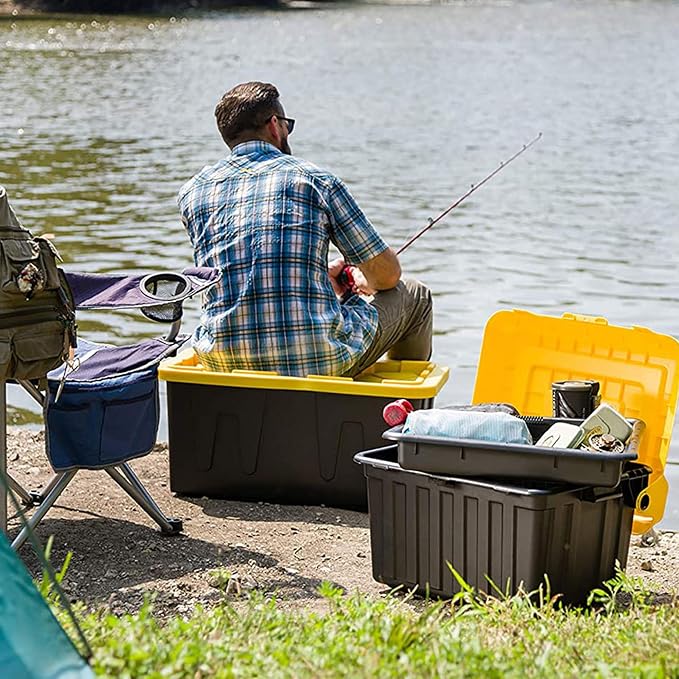 HOMZ Durabilt Heavy Duty Storage Container | 27 Gallon | Flip Lid & Stackable | Durable Tote | Black Base with Yellow Lid, 2 Pack | Heavy-Duty Large Stackable Container Boxes for Home, Attic, and Garage Organization