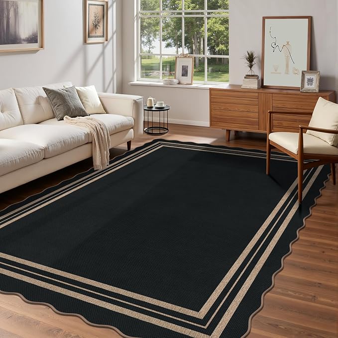 Scalloped Easy Jute Outdoor 8x10 Area Rug, Washable Outdoor Patio Rug, Farmhouse Indoor Black Geometric Rug Neutral Non Slip Carpet for Living Room Backyard Home Decor