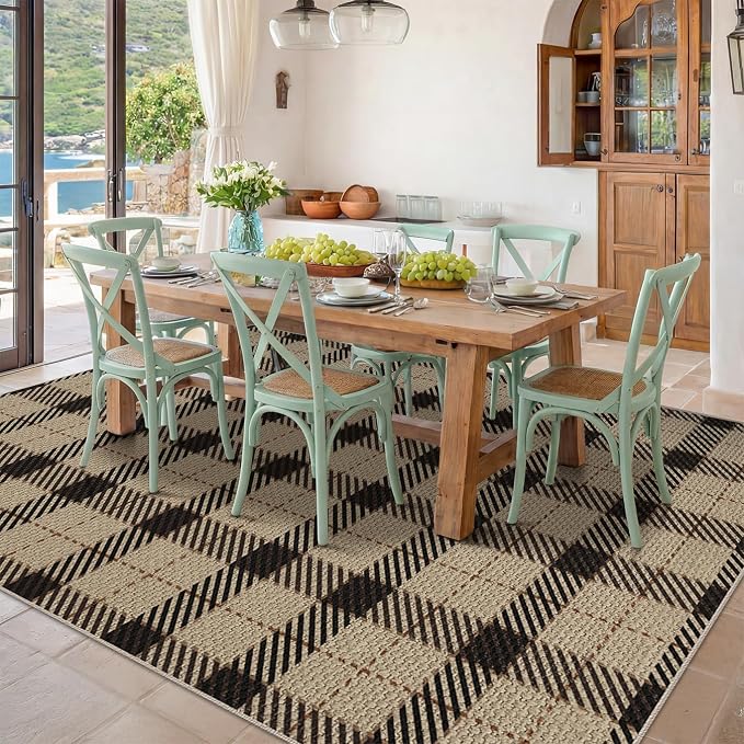 Jute Rug 6x9 for Living Room, Washable Black and Brown Rug for Dining Room, Indoor Outdoor Geometric Non Slip Vintage Farmhouse Carpet for Camping, Classic Beige Plaid Décor