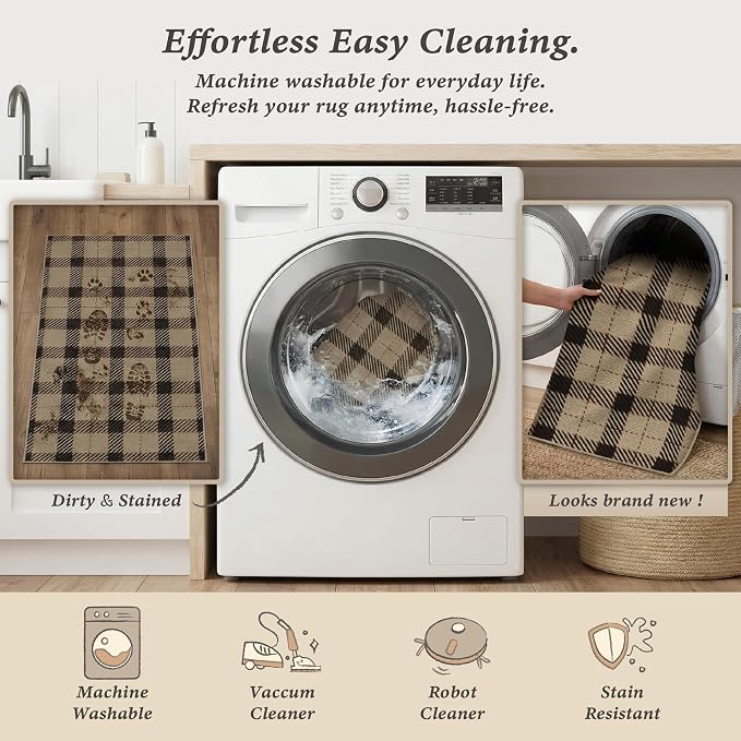 JTJ Easy Jute Kitchen Runner Rug 3x6, Washable Indoor Outdoor Farmhouse Plaid Runner, Non Slip Entryway Rug for Laundry Room, Hallway and Front Porch