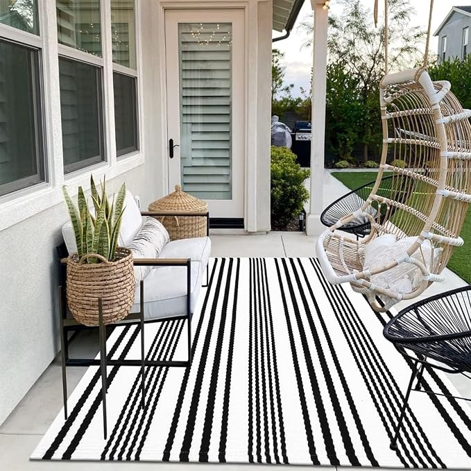 LEEVAN 5'X8' Black and White Striped Woven Cotton Reversible Outdoor Rug | Machine Washable Front Porch Rug, Entryway Door Mat, Indoor Layering Carpet for Balcony Farmhouse Laundry Patio