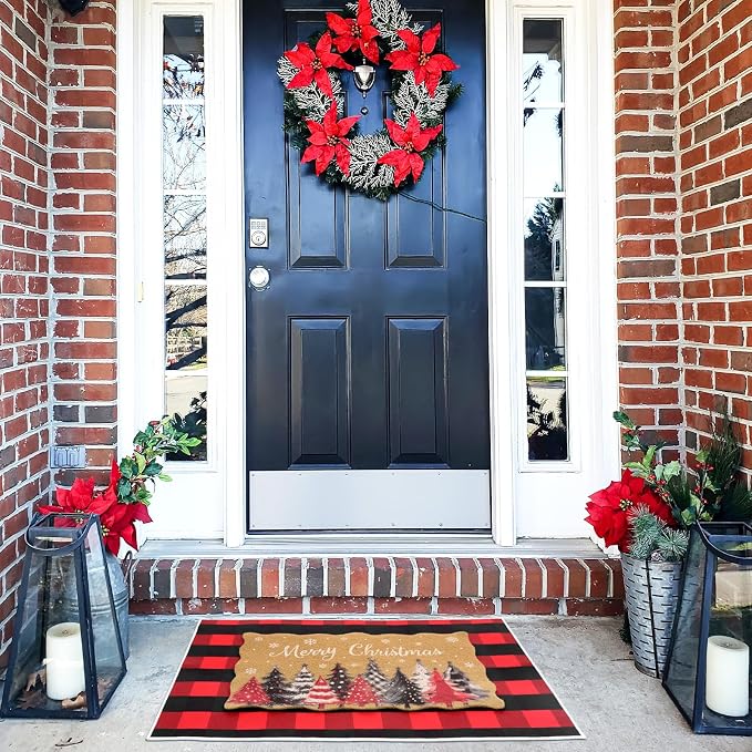 Fourluoo 2 Piece Christmas Door Mat Combo Set Outdoor Christmas Rugs 28 x 40 Inch Red White and Black Plaid Welcome Mat Non Slip Xmas Tree Layering Front Door Rug for Indoor Outdoor Entrance Porch