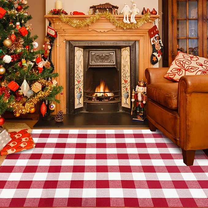 USTIDE Buffalo Plaid Outdoor Rug 4' x 6' Red and White Check Christmas Check Indoor Area Rug Washable Cotton Woven Rug Layering Rug for Welcome Door Mat Farmhouse Front Porch Entryway