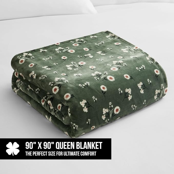 Lucky Brand Daisy Green Floral 90"X90" Cozy Plush Blanket - Premium Microfiber Throw for Luxurious Comfort and Style Full/Queen Size
