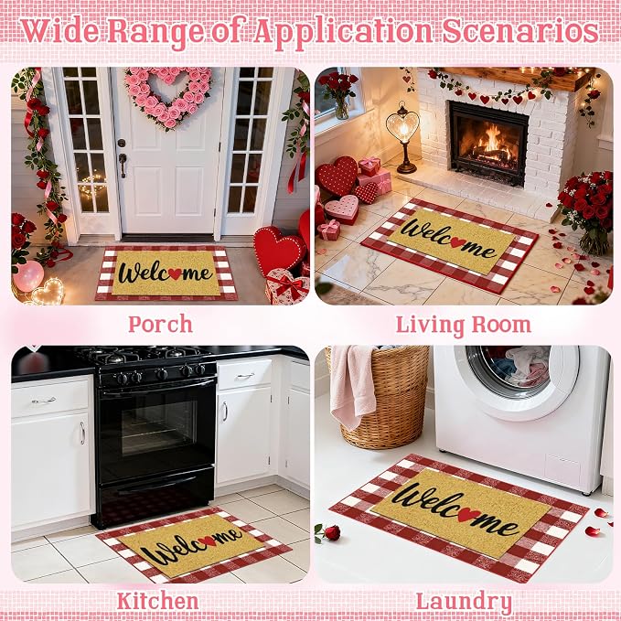 2 Pcs Valentines Day Welcome Doormat, Heart Welcome Door Mat Valentines Day Non Slip Coir Plaid Mat Layering Doormats Seasonal for Home Bathroom Front Porch Entryway Decor 24"x 32"