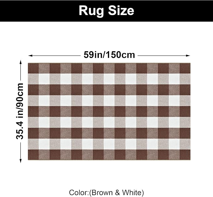 Buffalo Plaid Rug 3x5 Brown and White Checkered Rug Grid Indoor Outdoor Doormat Porch Layering Carpet Cotton Woven Washable Area Mat for Patio Entryway Farmhouse Decor