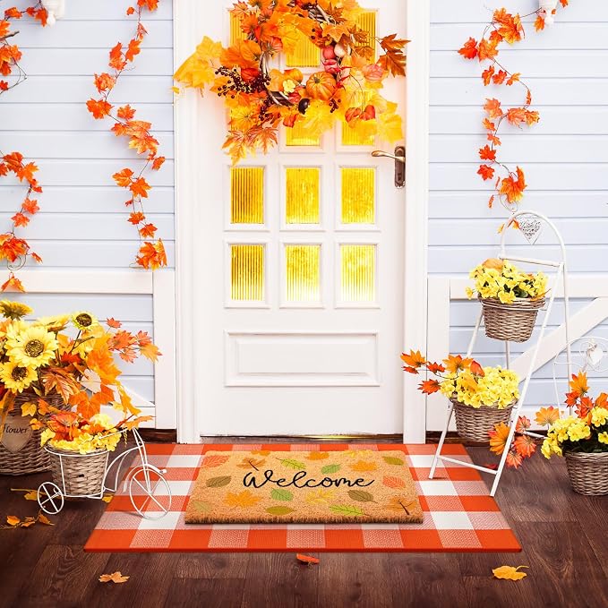 Moucuny 2 Pcs Fall Nature Coir Doormat Outdoor Maple Leave Welcome Mat, Orange and White Plaid Outdoor Rug Non Slip Floor Door Mat for Entrance Front Porch Decor, 24'' x 35'', 16'' x 28''