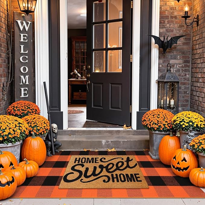 Uphome Bufflo Plaid Outdoor Rug 2'x4.3', Fall Decor Checkered Front Door Mat, Indoor Outdoor Farmhouse Porch Rug for Layered Door Mats, Washable Halloween Black/Orange Runner for Patio Entryway