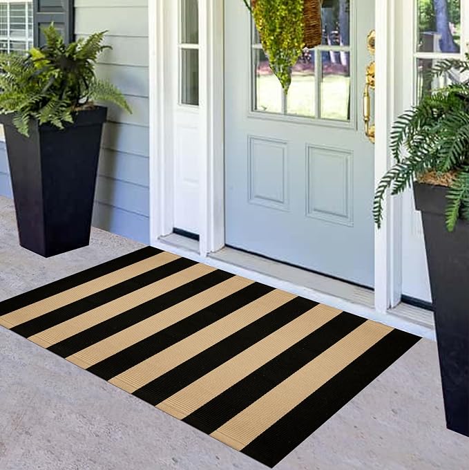 Front Porch Rug 24"x51",Black and Tan Striped Outdoor Rug Cotton Woven Washable Indoor Outdoor Doormat Farmhouse Small Area Rug for Porch/Entryway/Home Entrance Decor