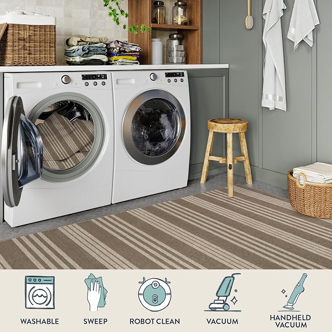 Lahome Striped Easy Jute Outdoor Patio Rug, 3x5 Washable Rugs for Porch | Indoor Living Room Area Rugs Non Slip, Modern Farmhouse Neutral Carpet for Entryway Backyard Bedroom Rv, Khaki
