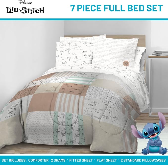 Disney Lilo and Stitch Full Size Comforter Set 7 Piece Bedding, Multi | Bed in a Bag, Comforter Sheets Shams Pillowcases, Official Product, Soft Microfiber, Machine Washable, Girls Gift