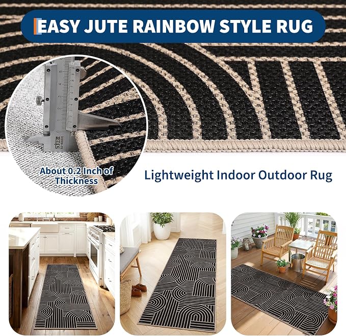 GarveeHome Easy Jute 2x8 Modern Rainbow Runner Rug for Hallway Kitchen Bedroom Non Slip Indoor Outdoor Runner Door Mat for Laundry Porch