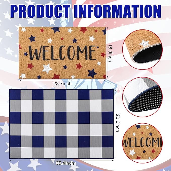 Tinideya 2 Pcs 4th of July Door Mat Patriotic Welcome Non Slip Coir Mats Red Blue White Independence Day Star Buffalo Floor Layering Doormats Seasonal for Front Porch Entryway Decor(Independence Day)