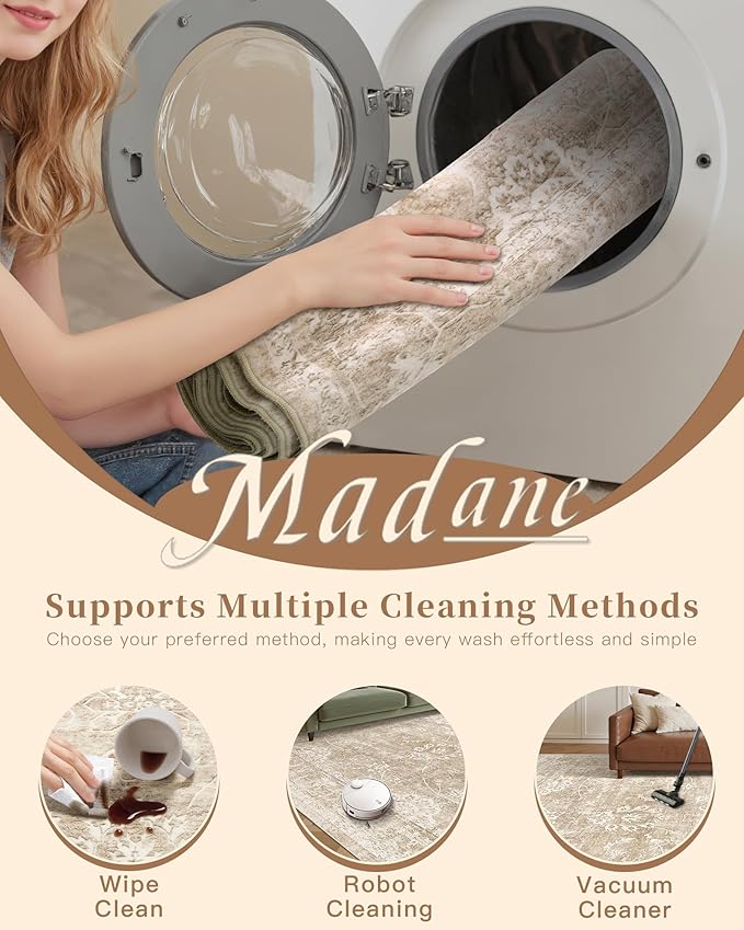 Madane 2x3 Washable Rugs for Entryway, Low Pile Non-Slip Small Area Rug Kitchen Door Mat, Vintage Soft Throw Neutral Rug Floor Mat for Indoor Front Entrance Bathroom Hallway (2 x 3, Beige/Brown)