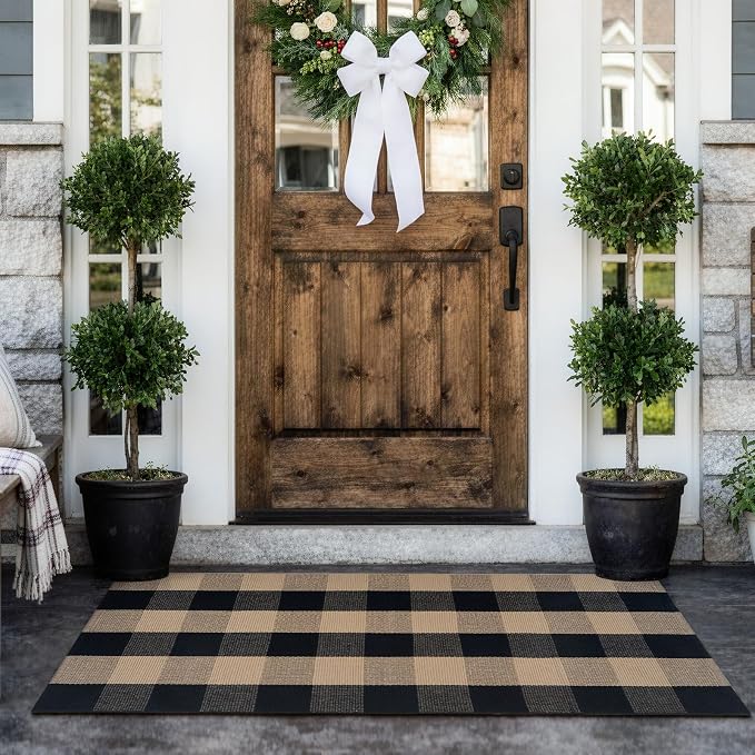 Uphome Bufflo Plaid Outdoor Rug 2'x4.3', Black Natural Checkered Front Door Mat for Fall Decor, Indoor Outdoor Farmhouse Cotton Porch Rug for Layered Door Mats, Washable Carpet Runner for Entryway