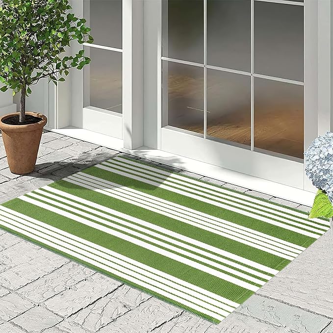 Green and White Striped Outdoor Rug 24'' x 35'' Door Mat Outdoor Machine Washable Welcome Mats Cotton Hand-Woven Entryway Rug for Front Porch/Entryway/Laundry/Bathroom/Bedroom