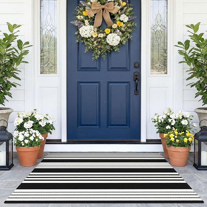 KOZYFLY Striped Rug 2.3x3.6 ft Black White Outdoor Doormat Cotton Woven Washable Indoor Outdoor Rug Front Door Mat for Entryway Porch Kitchen Patio Decor Small Area Rugs