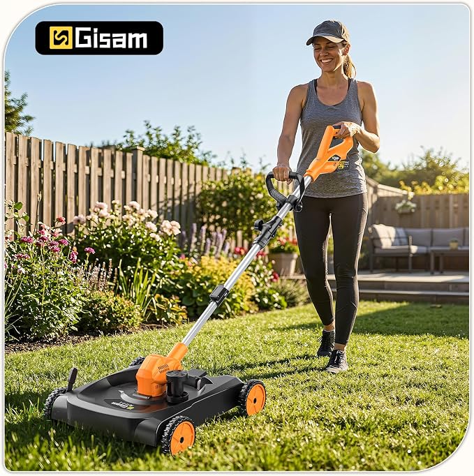18.9" Cordless Lawn Mower, String Trimmer & Wheeled Edger 3-in-1 Combo, Brushless 2 * 4.0Ah Batteries, 3 Blades, Adjustable Height & Angle Electric Weed Eater and Lawnmower