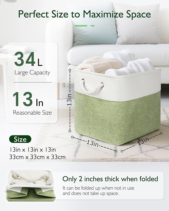 Patvingot 13-Inch Fabric Cube Storage Bins with Handles,4 Pack,Foldable | For cube shelves and closets,keeps grouped for everyday access,reinforced opening and fold-flat storage,white and green