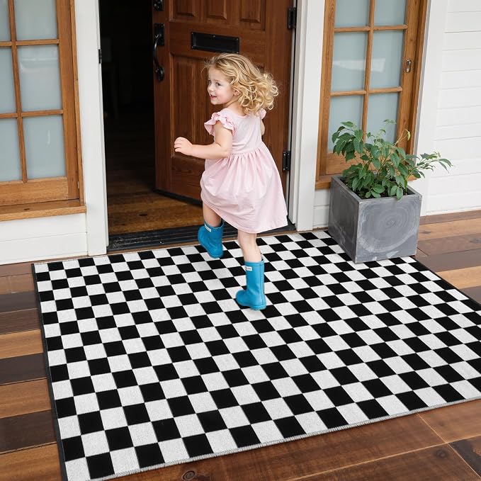 Seavish Black and White Outdoor Checkered Rug, 3x5 Layered Front Door Mat | Cotton Woven Washable Moroccan Checkerboard Rugs, Reversible Floor Mat for Bedroom Entryway Porch Patio Dorm