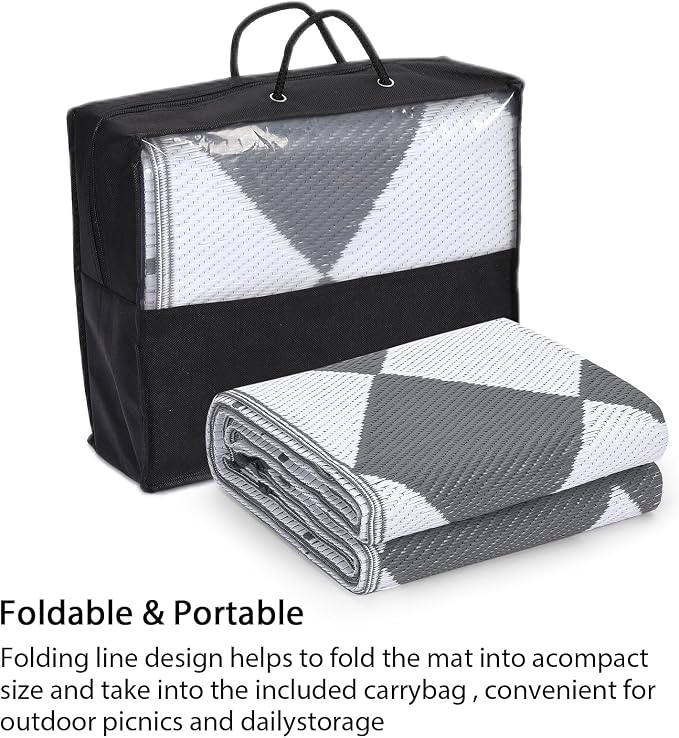 GarveeLife 8x10 Outdoor Rug for Patio Reversible, Plastic Straw Rug Waterproof Camping Rug Portable, Foldable Lightweight Mat for RV, Patio, Backyard, Deck, Picnic, Beach (Grey/White)