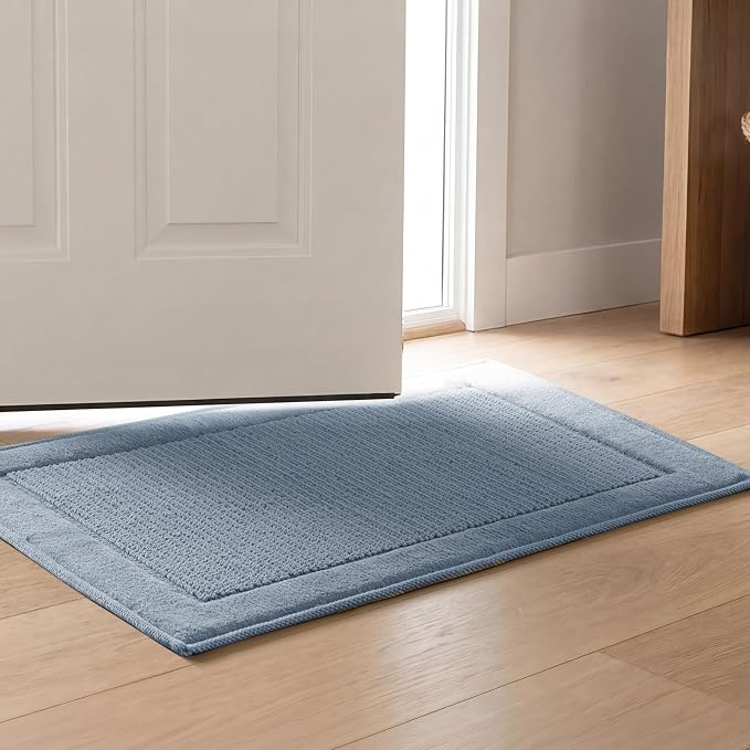 Madison Park Sanctuary 100% Cotton Non-Slip Bath Rug, 17x24 Inch, Blue | Low-Profile Woven Design, Ultra Soft Absorbent & Machine Washable, Ideal for Bathroom Bedroom and Entryway Decor