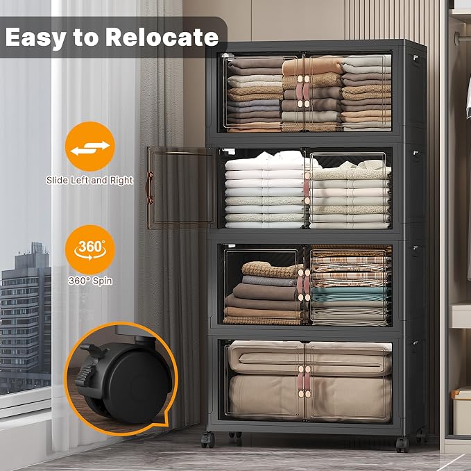 UAMFURI Stackable Storage Bins, 480QT Collapsible Drawers with 1 Lid | Large Capacity, Magnetic Door, Stack Lock, Rolling Wheels, Foldable Design, Organizers and Storage for Bedroom Dorm Garage