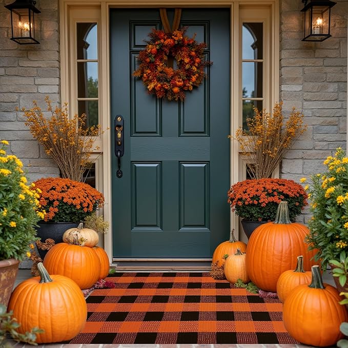 Buffalo Plaid Area Rug, Checkered Rug 3x5 Ft, Black and Orange Rug, Washable Cotton Mat for Front Porch, Entryway, Kitchen, Living Room, Halloween Decor