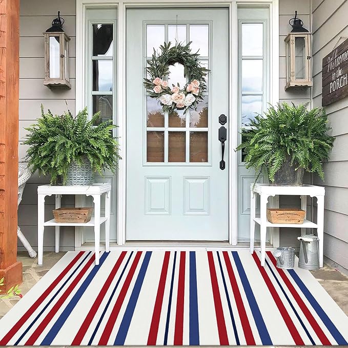 IOHOUZE 4'x6' Red White Blue Front Door Rug, USA 250th Anniversary Patriotic Doormat, Washable Front Porch Welcome Mat for Memorial Day, 4th of July, and Independence Day Entrance Outdoors Decor