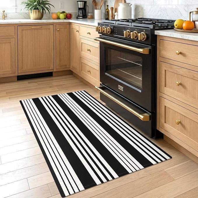 KOZYFLY Striped Rug 2.3x3.6 ft Black White Outdoor Doormat Cotton Woven Washable Indoor Outdoor Rug Front Door Mat for Entryway Porch Kitchen Patio Decor Small Area Rugs
