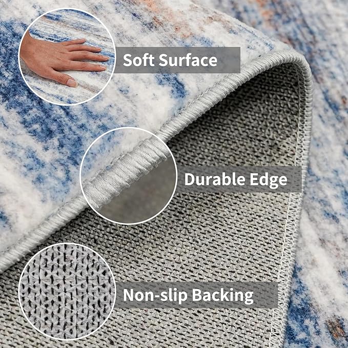 3x8 Washable Runner Rug for Family: Easy-to-Clean Runners for Hallway Entryway Kitchen Bedroom - Stain and Water Resistant Rugs with Non-Slip Backing - Soft Low-Pile Carpet Navy Grey